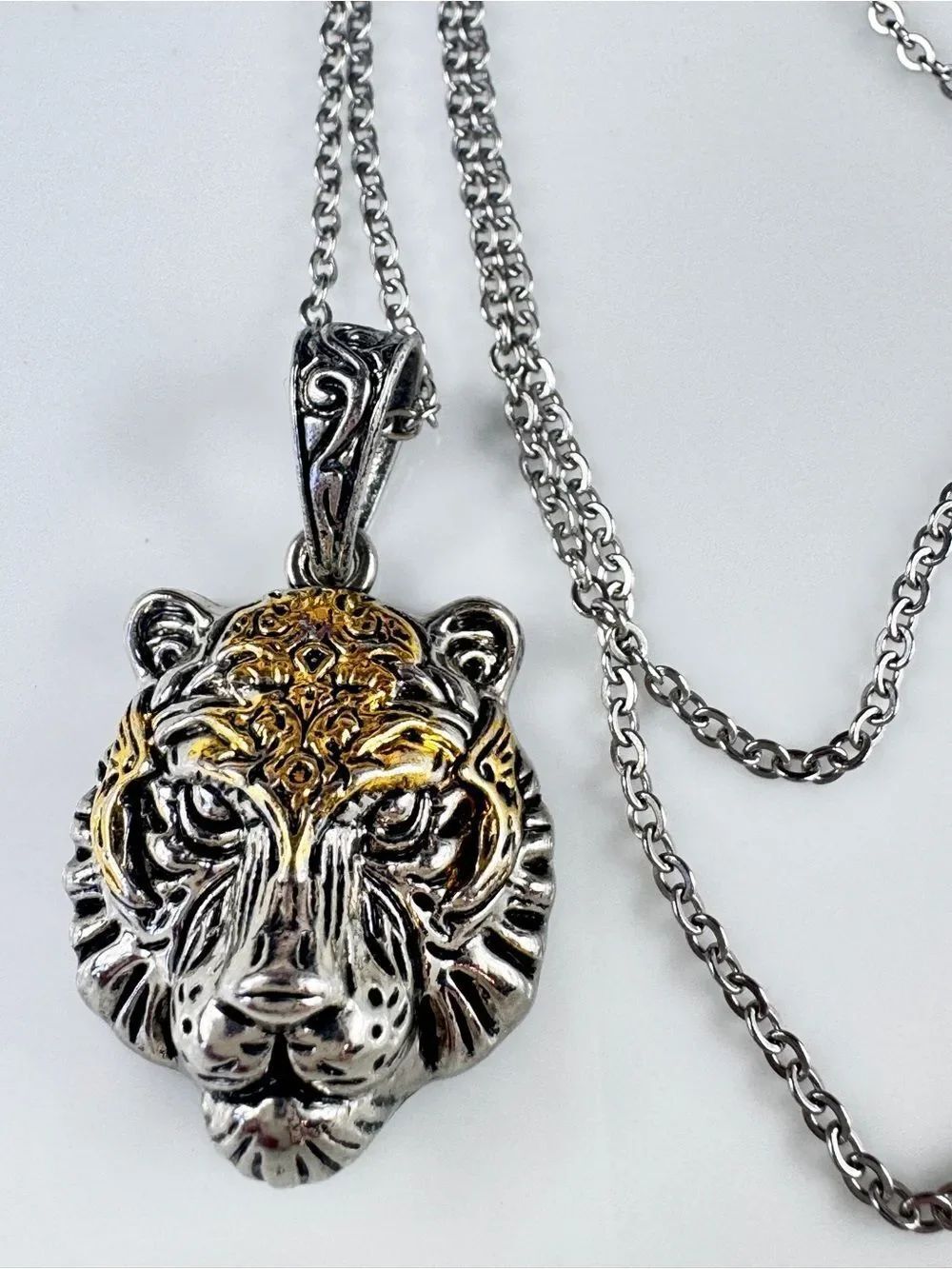 Two-Tone Silver and Gold Tiger Head Pendant Necklace for Women - Picture 5 of 7